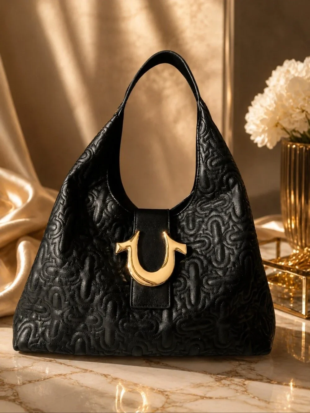 True Religion Women's Black Vegan Leather Logo Buckle Y2K Hobo Bag